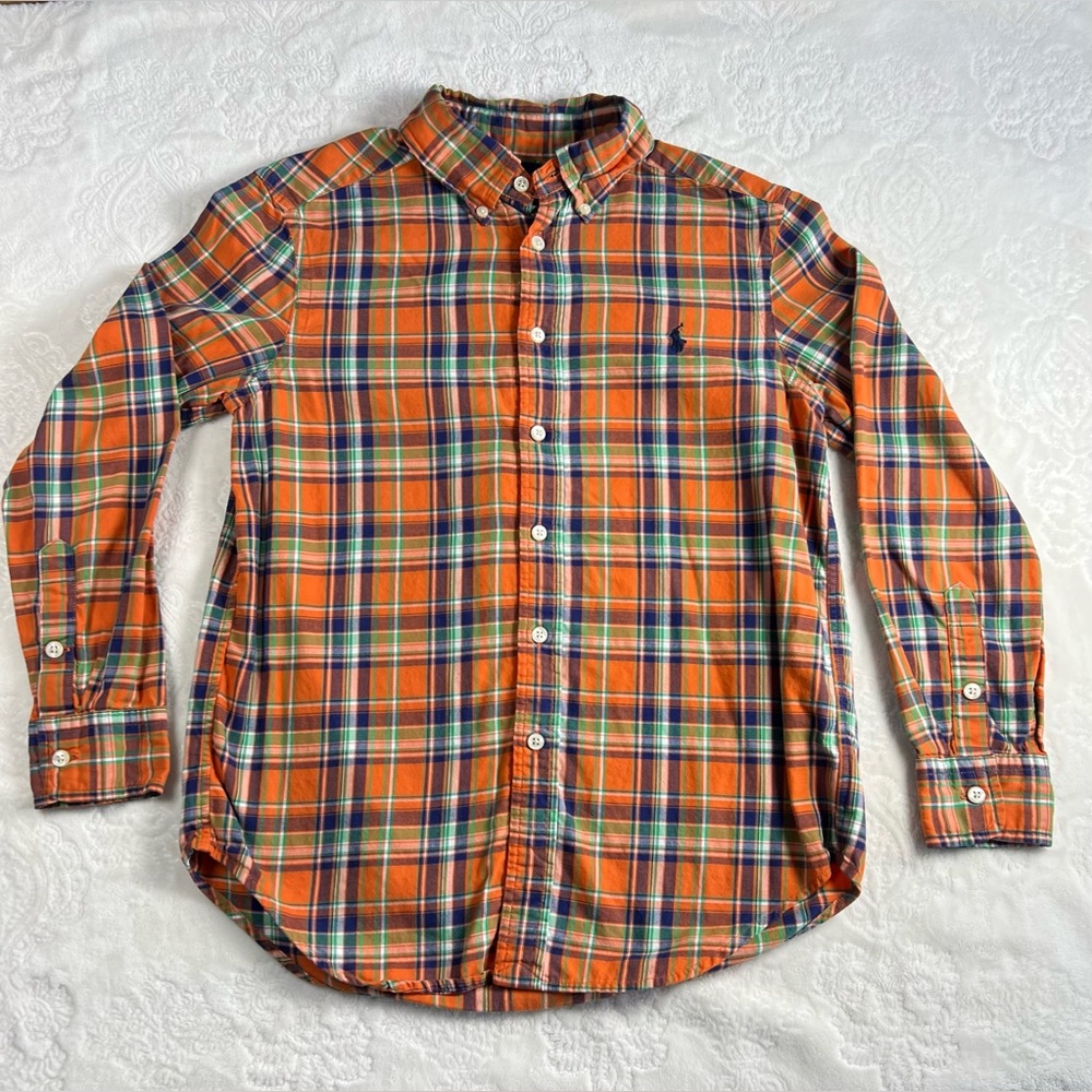 Polo Ralph Lauren Boys Orange Blue Plaid Long Sleeve Button Down Size Medium